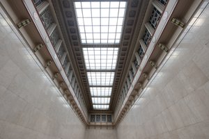 Looking up at a grand ceiling.