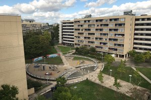 Looking down on the central courtyard of Priory Green estate.