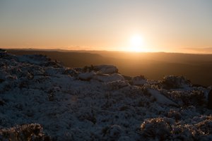 A golden sunset with snow covered rocks and grasses in the foreground.