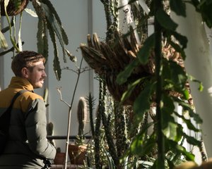 Several cactus in the foreground and background, with James looking outwards on the left hand side.