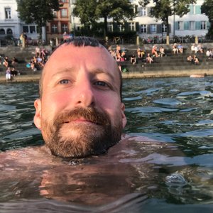 A photo of Ed Horsford swimming in the Rhine