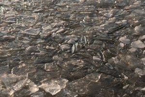 A photo of frozen ice on a lake. The ice has broken up in to many sharp pieces, then refrozen. As a result the surface is cracked and bumpy, yet solid.