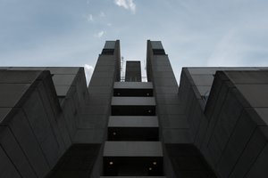 Looking up at the exterior of one of the stairwells of the Brunswick Centre.