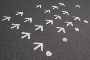 18 small white arrows are painted on a stretch of tarmac. They all point the same way.