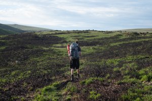 A hiker with large rucksack walks in front of the camera on a grassy hill.