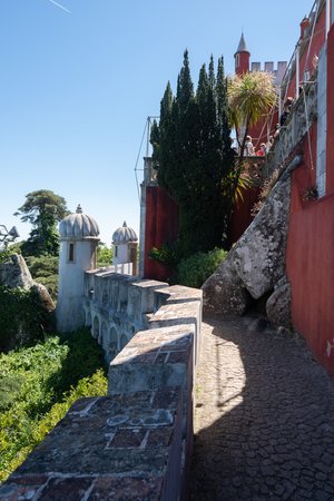 Looking on to an exterior wall in Pena Palace. The wall is fortified.