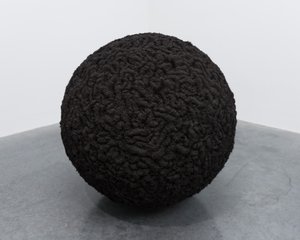 A large black sphere in the corner of a white room. The sphere has a complex detailed texture. The texture is made from iron filings attracted to the sphere.