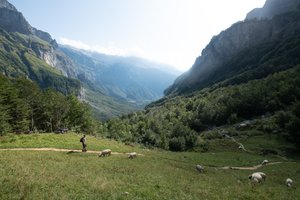 A hiker on a path with a wide sunny valley behind him.