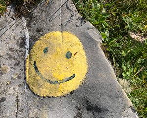 A yellow circle painted on a rock, with a smiling face in the middle.