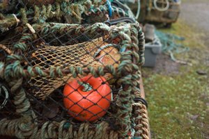 A detail photo of some fishing nets and lobster pots. There’s a bright orange buoy in the foreground.