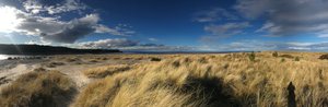 A panorama of a late afternoon beach. There’s tall grass across most of the beach, with a deep blue sky with dark clouds overhead.