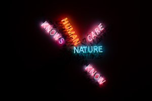 A large neon sculpture comprised of multiple overlaid words. Only some words are lit up.