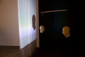 Two wax casts of a male head are suspended on either end of a mobile, in front of a dark background. A light from one side projects a shadow of another head on a nearby white sheet.