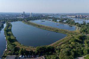 Drone photo looking north over the Walthamstow reservoirs