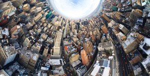 A panorama of New York city. The city curves around as if in a tunnel.