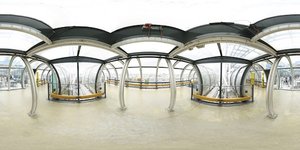 Equirectangular panorama taken at the top of the escalators of the Pompidou Centre in Paris.